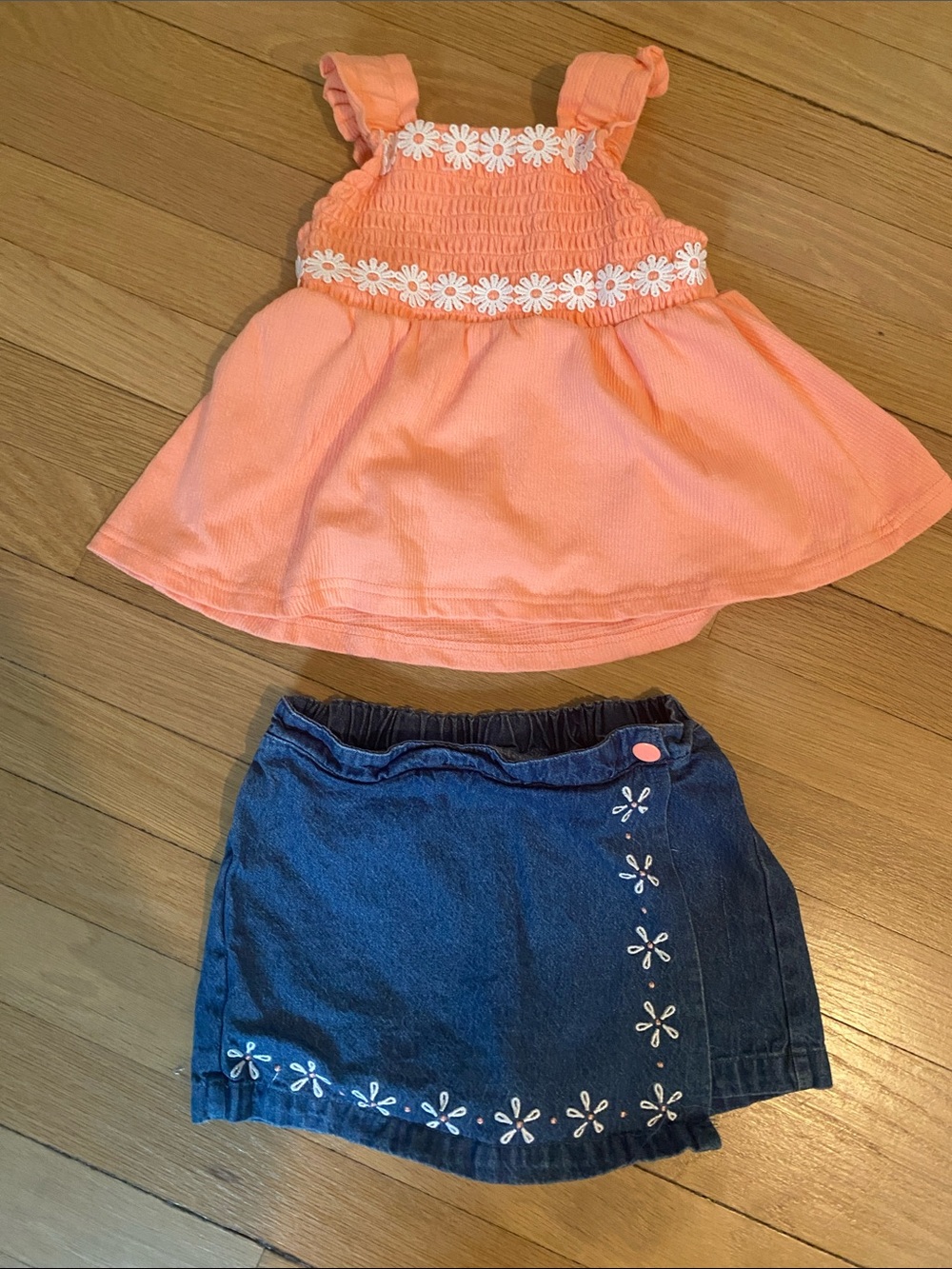 Girls Peach Tank Top and Denim Skort Set